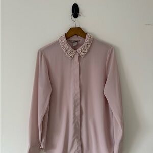 H&M Pink Long Sleeve Button Down Shirt with Embellished Collar